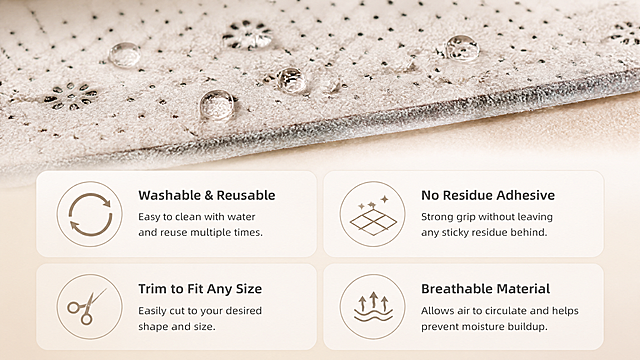 Amazon Premium A+ mobile features and material page, 4:3 ratio, completely redesigned. Top half shows extreme macro close-up of the anti-slip rug gripper pad surface - visible perforated holes pattern, non-woven fabric weave texture, and adhesive layer edge detail. Soft water droplets on surface demonstrating water-resistant and washable property. Bottom half has four feature cards arranged in 2x2 grid, each with simple line icon and short English text: 1) 'Washable & Reusable' with circular arrow icon, 2) 'No Residue Adhesive' with clean floor icon, 3) 'Trim to Fit Any Size' with scissors icon, 4) 'Breathable Material' with air flow icon. Soft warm beige gradient background with subtle texture. Premium minimalist product photography style, soft even lighting, sharp focus on material details. Clean modern design, high-end home goods aesthetic. English text only, no logos, no brand names, no Chinese characters.