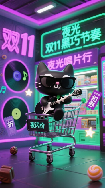 ① 主体：拟人化黑色小猫（戴墨镜），抱鱼骨头吉他，坐在黑巧购物车里。
② 场景：购物车漂浮在“夜光唱片行”商场，霓虹“折扣券”唱片、音符糖果、闪光灯星星。
③ 配色：黑巧色＋霓虹紫＋荧光绿。
④ 字样预览效果