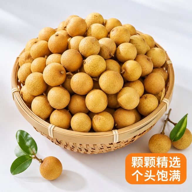 [主图-5] 整筐龙眼果实陈列展示，突出个头饱满。
[氛围风格] 真实饱满，新鲜诱人，整洁商品展示；
[画质] 商业摄影质感，光线均匀，果实清晰饱满。
[元素] 藤编竹筐中装满完整带壳龙眼，果实大小均预览效果