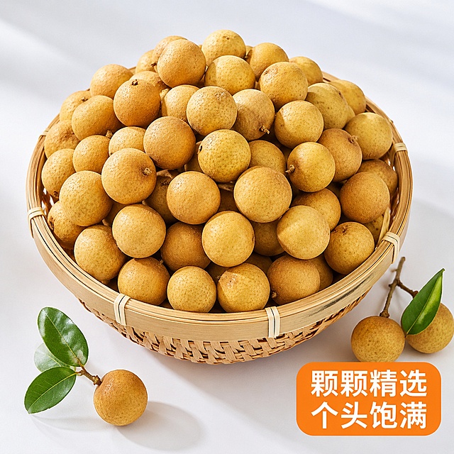 [主图-5] 整筐龙眼果实陈列展示，突出个头饱满。
[氛围风格] 真实饱满，新鲜诱人，整洁商品展示；
[画质] 商业摄影质感，光线均匀，果实清晰饱满。
[元素] 藤编竹筐中装满完整带壳龙眼，果实大小均匀，外皮黄褐色带自然斑点，果实新鲜饱满，筐边散落2-3颗带叶果实，丰富画面。**保持龙眼外观和大小分布与输入产品图绝对一致，杜绝任何变形和色差，精细化处理**。商品主体占比约70%，满而不挤。
[光影] 柔和顶光加侧面补光，突出果实立体感和表皮质感，光影自然。
[配色] 浅白色背景，自然原木色竹筐，黄褐色果实，清新干净。
[视角构图] 俯视45度拍摄，展示整筐龙眼，构图饱满。
[文字版式] 右下角橙色圆角框，白色文字：颗颗精选 个头饱满，清晰醒目，不遮挡主体。
[输出要求] 1:1 比例，文字清晰可辨，超高清商业摄影质感；
[负向提示词] 变形，文字错乱，产品图模糊，背景杂乱，水印，电商平台Logo。
image_urls: ["https://gdesign-dam-hz.dancf.com/37094234251700374/08f26786319941e7bdc5e0e895d55ed3.jpg"]