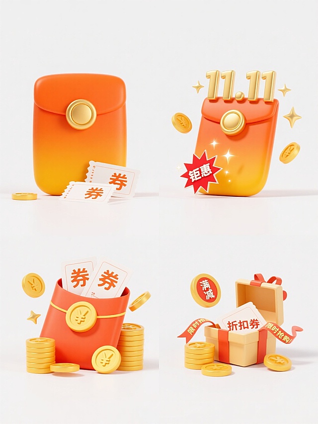 一套4个规整排布的卡通风格电商促销素材，保持明亮欢快的氛围、圆润的造型设计、橙黄色系渐变主色调、光滑的3D质感和简洁的白色背景不变。第一个为原素材：两个橙色红包带有金色圆形搭扣，红包下方散落着几张印有“券”字的白色优惠券，前方堆叠着带有“¥”符号的金黄色硬币，周围有几枚金币从上方飘落，整体构图饱满且富有层次感。后三个为该素材的变体，分别融入双11电商促销元素：第二个素材在原基础上增加“11.11”金色立体数字和闪耀的星光特效；第三个素材将部分金币替换为标有“满减”字样的红色标签，并在红包上添加爆炸形“钜惠”图标；第四个素材在硬币堆旁增加一个打开的礼盒，礼盒中露出“折扣券”字样，红包周围环绕着“限时抢购”的飘带文字，所有变体均保持与原素材一致的视觉风格和色彩体系，突出双11的热闹促销氛围。