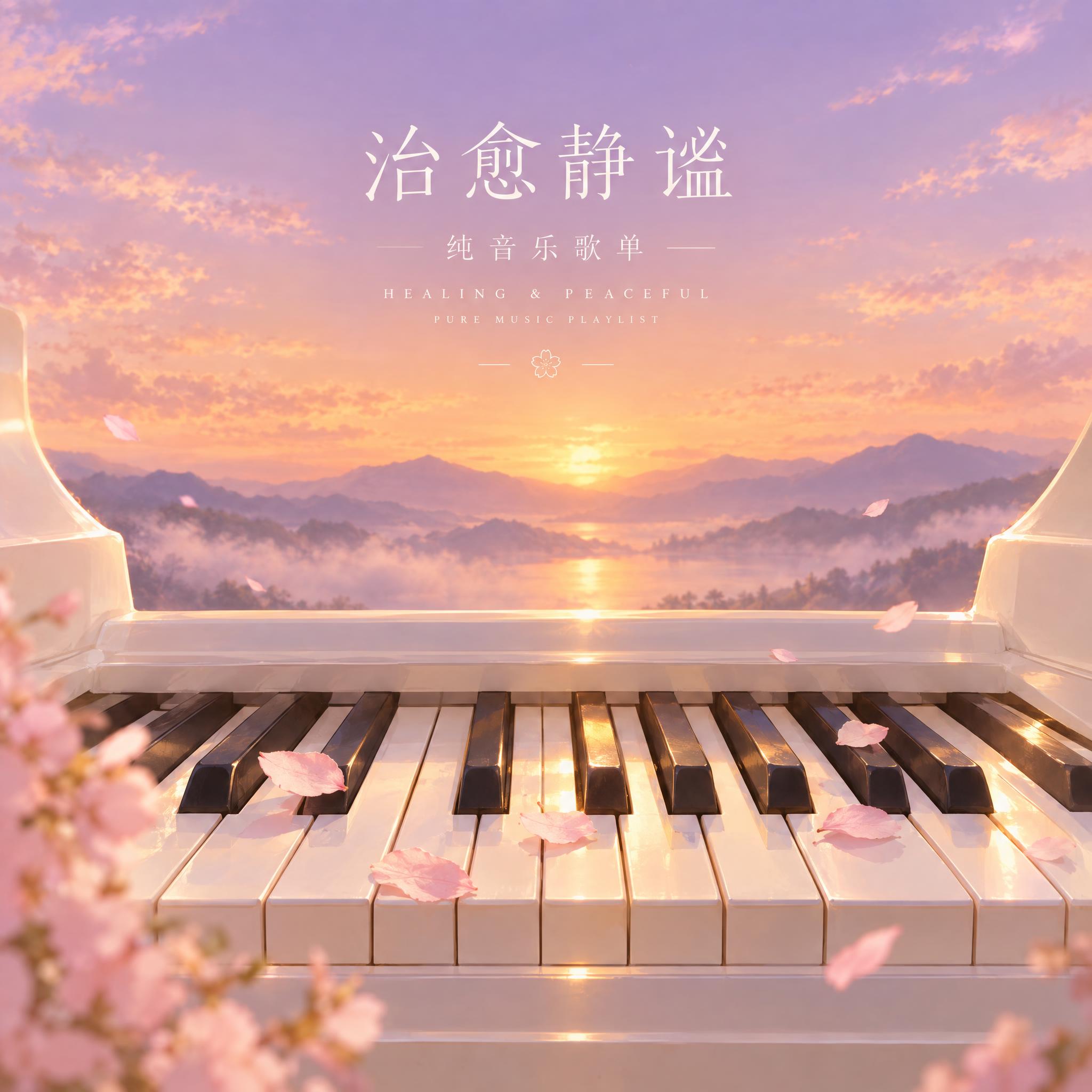 治愈静谧风纯音乐歌单封面图，画面中央是一架白色三角钢琴的琴键局… - 图片创意预览