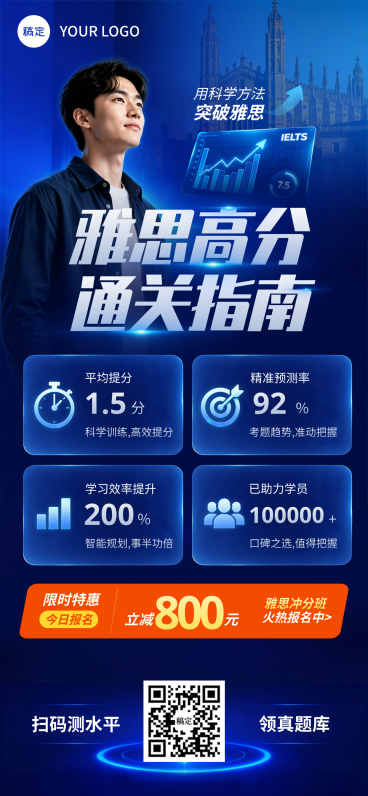 雅思培训班招生促销宣传科技感全屏竖版海报预览效果