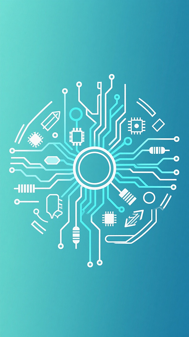 电路板主题的科技风格插画，采用渐变的蓝绿色背景，以白色和浅蓝色线条构成复杂的电路图案，包含各种电子元件符号如电阻、电容、芯片、箭头和环形结构，整体呈现出对称且富有层次感的布局，线条流畅细腻，充满未来感和科技感，画面简洁而不失细节，营造出一种精密、高效的电子科技氛围。