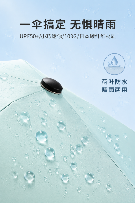 2:3竖屏，严格还原上传的产品图，包括包装设计、颜色、LOGO位置、文字内容、图案元素等所有细节，产品尺寸为小巧迷你铅笔伞款式，尺寸比例保持1:1；整体延续马卡龙清新风，背景为浅天蓝色（#B4D8F0预览效果