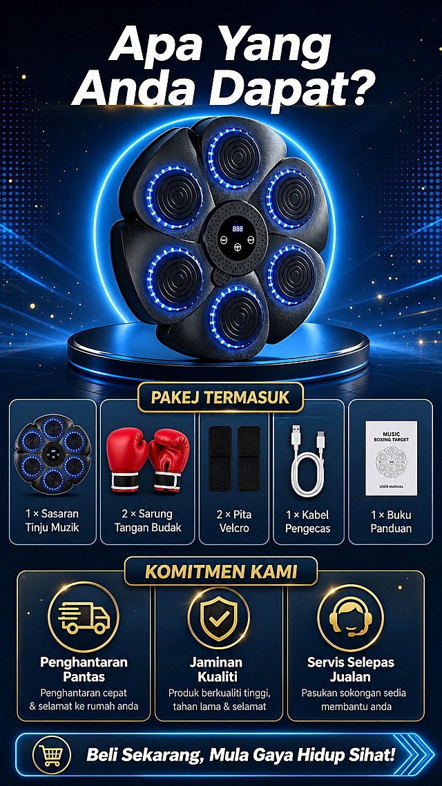 [商品] 使用【图1】智能音乐拳击靶产品图，作为信任保障页的产品展示元素，保留6靶结构和外观。
[画面] 第12张·信任保障，服务承诺型。上方产品图+包装内容展示（拳击靶×1、红色儿童手套×2、魔术贴绑带×2、充电线×1、说明书×1），下方3个服务承诺图标卡片：快速发货、售后保障、品质保证。底部有一句号召性标语。深蓝渐变背景，金色/蓝色强调信任元素。
[视觉] 套系策略：风格=跨境深蓝科技商业摄影；标题字=现代无衬线粗体马来文；正文字=简洁无衬线马来文；主色=深海蓝(#0A1628)；背景延展=基于深海蓝做渐变+金色光点点缀；强调色=亮蓝色LED光(#00B4FF)+金色(#FFD700)，仅用于服务图标和标签；标题色=纯白色；正文色=浅灰蓝色；组件=包装内容小图、服务承诺卡片、底部CTA条；光影=柔和产品光+金色点缀光。
[文字] 顶部大标题"Apa Yang Anda Dapat?"，包装清单："1 × Sasaran Tinju Muzik"、"2 × Sarung Tangan Budak"、"2 × Pita Velcro"、"1 × Kabel Pengecas"、"1 × Buku Panduan"，底部3个承诺："Penghantaran Pantas"、"Jaminan Kualiti"、"Servis Selepas Jualan"，最底标语："Beli Sekarang, Mula Gaya Hidup Sihat!"。
[规格] 图片比例9:16竖版，4K，负向提示：避免变形、错字、中文文字、假LOGO、浮夸比例、虚假承诺、价格信息。