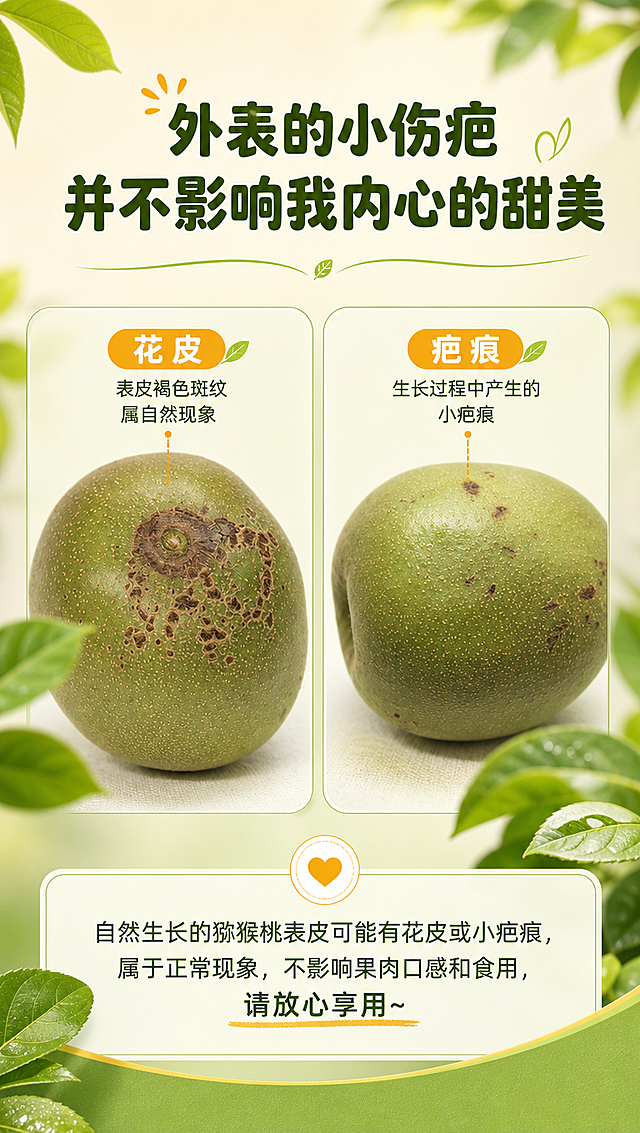 [商品] 使用【图1】中的猕猴桃花皮和疤痕两个实物特写；保留花皮猕猴桃表面褐色斑纹的真实形态和分布，保留疤痕猕猴桃表面小斑点的真实状态；不改变表皮颜色、纹理和结构。
[画面] 页面目标：说明表皮小伤疤不影响口感，降低退换预期。构图：左右对比布局，左侧花皮猕猴桃，右侧疤痕猕猴桃，各占画面40%，上方标题区，底部总结语；背景为浅米色干净底+绿色叶片装饰元素，前中后3层视觉层次。阅读动线从上到中到下。
[视觉] 套系策略：风格=清新自然生鲜商业摄影风；标题字=圆润粗黑体；正文字=简洁无衬线体；主色=猕猴桃绿；背景延展=基于猕猴桃绿做深浅渐变、同色系层次和细腻自然肌理；强调色=暖橙黄，仅用于小面积标签、图标和高亮；标题色=深墨绿；正文色=深灰绿；组件=圆角浅绿信息卡、细线引线、叶片装饰元素；光影=左前侧自然柔光，均匀明亮突出表皮细节。
[文字] 顶部主标题「外表的小伤疤并不影响我内心的甜美」，下方左右两个猕猴桃分别标注「花皮」和「疤痕」，底部补充说明：自然生长的猕猴桃表皮可能有花皮或小疤痕，属于正常现象，不影响果肉口感和食用，请放心享用~ 全部文字横向排版，标题醒目，说明文字手机端可读。
[规格] 淘宝/天猫详情页单屏比例9:16竖版，分辨率4K，quality=medium。避免变形、错字、文字过小、冷蓝背景、颜色失真、表皮纹理改变。