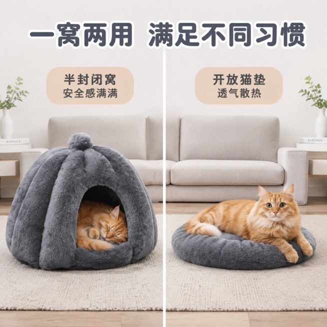 [主图-9] 两用设计展示
[氛围风格] 产品结构展示，清晰直观
[画质] 商业摄影质感、光线柔和通透、产品清晰真实、画面干净高级
[元素] 展示猫窝两种用法：左侧半闭合南瓜窝状态猫咪安睡，右侧拆开底预览效果