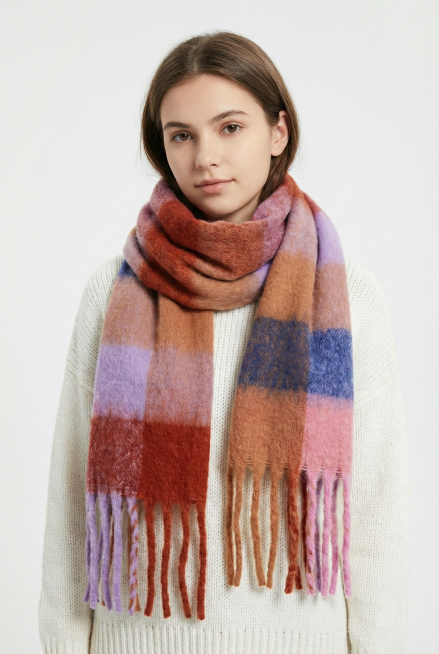 生成一个外国女模特，佩戴这款围巾，年龄在20岁左右，身穿白色针织衫预览效果