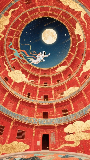 极致的仰视视角超强纵深透视，螺旋环绕构图，祥云环绕贯穿整个画面，红色的中国土楼内部，宇航员呈敦煌飞天姿势从土楼内向星空飞去，满月，超强透视，整体呈现红色调预览效果