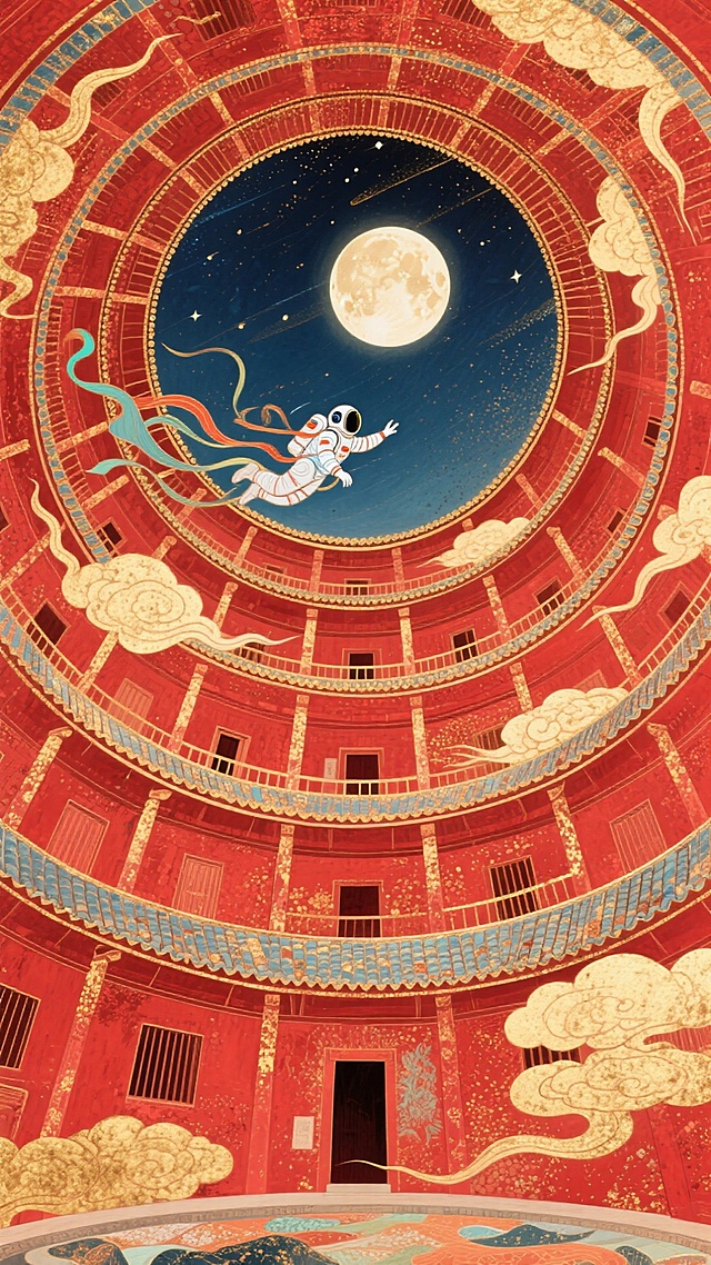 极致的仰视视角超强纵深透视，螺旋环绕构图，祥云环绕贯穿整个画面，红色的中国土楼内部，宇航员呈敦煌飞天姿势从土楼内向星空飞去，满月，超强透视，整体呈现红色调
