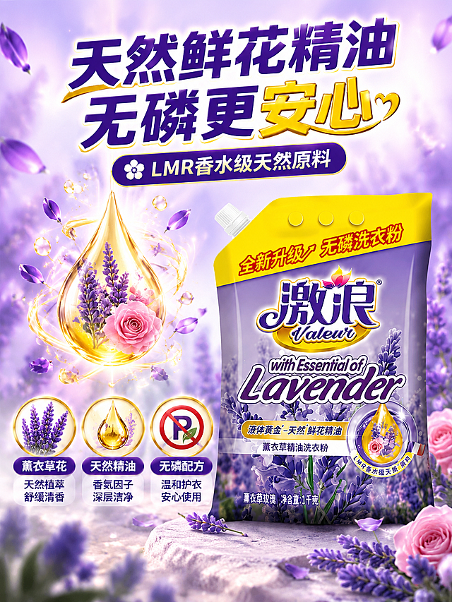 [主图-3] 成分品质与安全性，展示天然鲜花精油与无磷配方的安心感。
[统一基调] 抖音电商促销风，强视觉冲击，高清实拍质感；薰衣草紫渐变背景+暖黄点缀；深紫色粗黑体主标题+金黄色强调数字；圆角胶囊卖点框、花瓣形图标、柔和光晕。
[画面] 画面中央偏右放置产品包装袋，约占画面40%。左侧为成分可视化展示：一颗晶莹剔透的精油滴液悬浮在空中，滴液中折射出薰衣草花朵和玫瑰花瓣的影像，周围环绕细小的香气分子粒子。下方排列3个圆形成分图标：薰衣草花、天然精油、无磷标识，每个图标下方配短文字说明。顶部大标题"天然鲜花精油 无磷更安心"，副标题"LMR香水级天然原料"。背景为柔和的浅紫色渐变，带有微光粒子漂浮效果。
[光影质感] 高端商业摄影质感，精油滴液通透有折射光泽，花瓣细节清晰，粒子光效柔和梦幻，整体干净通透有品质感。
[配色] 浅紫渐变底色+深紫文字+金黄点缀+透明精油质感，高级洁净。
[文字版式] 顶部居中大标题，左侧成分展示区上下排列：精油滴液主视觉→3个圆形成分卡；产品居右；文字层次分明不拥挤。
[输出要求] 3:4竖版比例，文字清晰可读，产品清晰，成分可视化效果精美，无变形错字，无水印，无平台Logo。