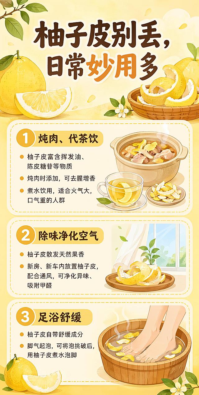 扁平化插画风知识科普海报，整体风格清新自然，暖黄色调，版式精美分区清晰。主标题："柚子皮别丢，日常妙用多"，放置在海报顶部。主体内容分为三个板块：
1. 第一个板块标题：炖肉、代茶饮，内容：柚子皮富含挥发油、陈皮糖苷等物质
·炖肉时添加，可去腥增香
·煮水饮用，适合火气大，口气重的人群
2. 第二个板块标题：除味净化空气，内容：柚子皮散发天然果香
·新房、新车内放置柚子皮，配合通风，可净化异味、吸附甲醛
3. 第三个板块标题：足浴舒缓，内容：柚子皮自带舒缓成分
·脚气起泡，可将泡挑破后，用柚子皮煮水泡脚
画面中搭配柚子和柚子皮的插画装饰，所有文字清晰可读，不增加多余文字，排版整齐，信息层级分明，清新治愈插画风