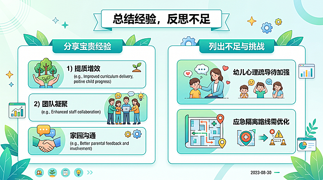 总结反思页，标题“总结经验，反思不足”，内容：分享宝贵经验，列出不足：幼儿心理疏导待加强、应急隔离路线需优化，专业清新排版风格