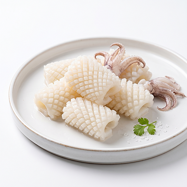 手切鱿鱼花主图，展示新鲜食材，造型独特的手切鱿鱼花，淘宝电商风格，清晰干净的背景