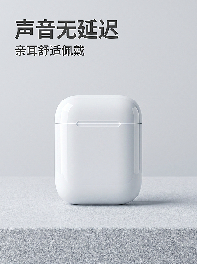 [主图 1] 蓝牙耳机产品首图，简约大气风格。[氛围风格] 简约科技，极简高级，清冷氛围感；[画质] 商业摄影质感，光线通透干净，产品清晰真实，画面高级简洁；[元素] 白色蓝牙耳机充电仓居中放置，商品主体占比约70%，放置在浅灰色微磨砂质感台面上，背景干净无杂物。保持蓝牙耳机充电仓外观（物理结构、材质质感、颜色）与输入产品图绝对一致，杜绝任何变形和色差，精细化处理。画面满屏无边框；[光影] 左侧冷调主光，右侧柔和辅光，边缘勾勒出高光带，底部自然投影，对比清晰，突出产品立体感；[配色] 主色调浅灰+白色，干净简约；[视角构图] 平视中心构图，景深清晰，产品轮廓完整不裁切；[文字版式] 左上负空间左对齐留安全边距，两行文案。大字主文案“声音无延迟”，深灰色最大号粗体无衬线；辅助文案“亲耳舒适佩戴”，字号缩小一半，同色浅一度。[比例分辨率] 3:4 比例，2k 分辨率，文字清晰锐利，画面超高清；[负向提示词] 变形，水印，文字错乱，产品图模糊，背景杂乱，配色刺眼，遮挡主体