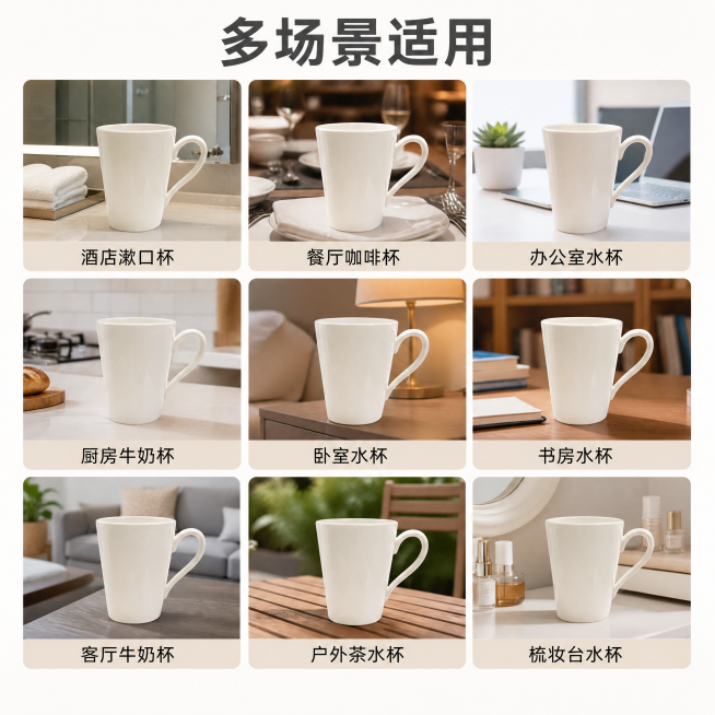 [主图-5] 马克杯多场景九宫格展示。实用生活化。商业摄影质感，光线柔和通透，产品清晰真实，画面干净高级。九宫格布局，展示酒店漱口杯、餐厅咖啡杯、办公室水杯、客厅牛奶杯，每个小图保持马克杯外观一致，排预览效果