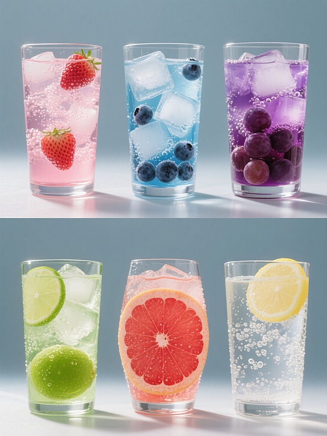 六款不同颜色透明玻璃杯装冰镇气泡饮料的系列素材集合，每款饮料颜色各异（如粉色草莓气泡水、绿色青柠苏打、蓝色蓝莓汽饮、紫色葡萄气泡果汁、红色西柚苏打水、透明柠檬气泡水），均含大量冰块和细密气泡，杯壁有水珠凝结，采用高光泽写实摄影风格，纯色背景，光线明亮柔和从顶部斜射形成高光和细微阴影，六张饮品图呈2x3网格状规整排布，整体构图对称平衡，画面简洁清爽，无任何文字和装饰元素。