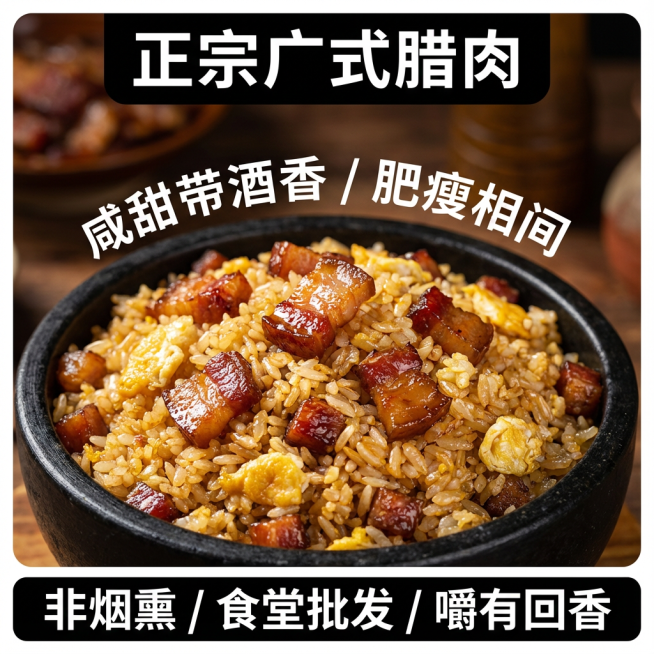 这张图片是产品主体这款产品是广式腊肉 我需要设计20张主图在拼多多上面售卖    主图场景布局可以用厨房 炒腊肉 腊肉细节等设计一个高级有食欲一些主图文案内容 正宗广式腊肉 厂家直销 新鲜现货 咸甜相预览效果