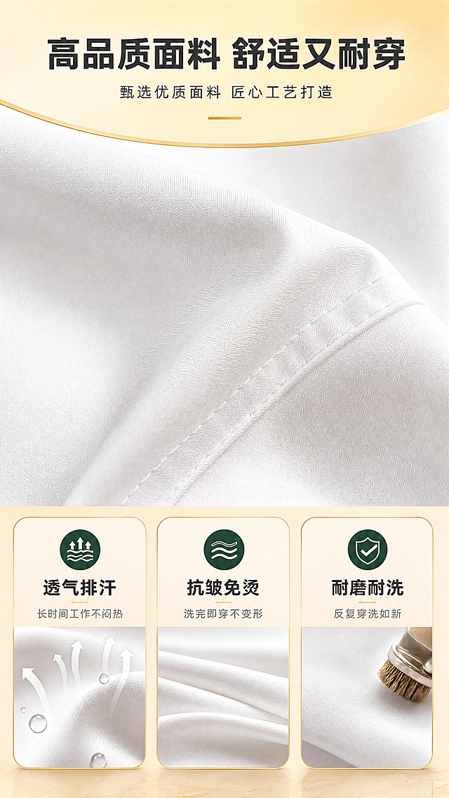 [商品] 使用【图1】白色厨师服面料局部；保留白色面料颜色、纹理质感、缝线工艺；放大展示面料细节，配合透气、抗皱、耐磨功能演示。
[画面] 目标：面料功能页，展示3大核心面料优势。构图：上下分栏，上半区面料微距大图占60%，下半区3个功能卡片横向排列。阅读动线：从上到下。前中后景：前景面料纹理特写，中景功能演示元素（水滴、褶皱回弹、耐磨测试），后景浅金渐变。场景：影棚纯净背景，突出面料质感。
[视觉] 套系策略：风格=高端酒店餐饮商业摄影风；标题字=粗黑体；正文字=简洁黑体；主色=纯净白+暖金；背景延展=基于暖金色做深浅层级、同色渐变和大理石/木饰面质感；强调色=深墨绿，仅用于小面积图标、引线和标签；标题色=深炭灰；正文色=中暖灰；组件=圆角浅金信息卡、细线引线、金色分割线；光影=侧光打亮面料纹理，形成细腻明暗层次。
[文字] 顶部主标题「高品质面料 舒适又耐穿」，下半区3张功能卡：「透气排汗 长时间工作不闷热」「抗皱免烫 洗完即穿不变形」「耐磨耐洗 反复穿洗如新」，每张卡片配对应图标，文字横向排版。
[规格] 图片比例9:16竖版，4K分辨率，淘宝/天猫详情页适配，中文简体，避免变形、错字、文字过小、冷蓝背景、极限词。