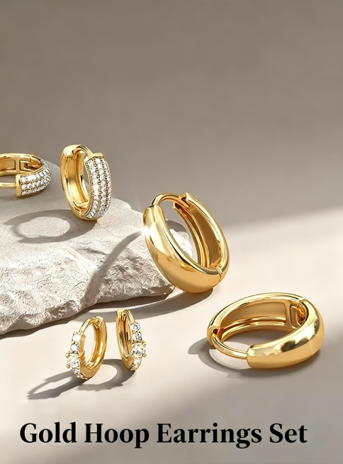 去除图片上方的LOLIAS文字，保留"Gold Hoop Earrings Set"文字，保留所有金耳环产品和原背景，保持原构图和光影，修复去除文字后的背景，画质保持超清清晰，细节完整预览效果