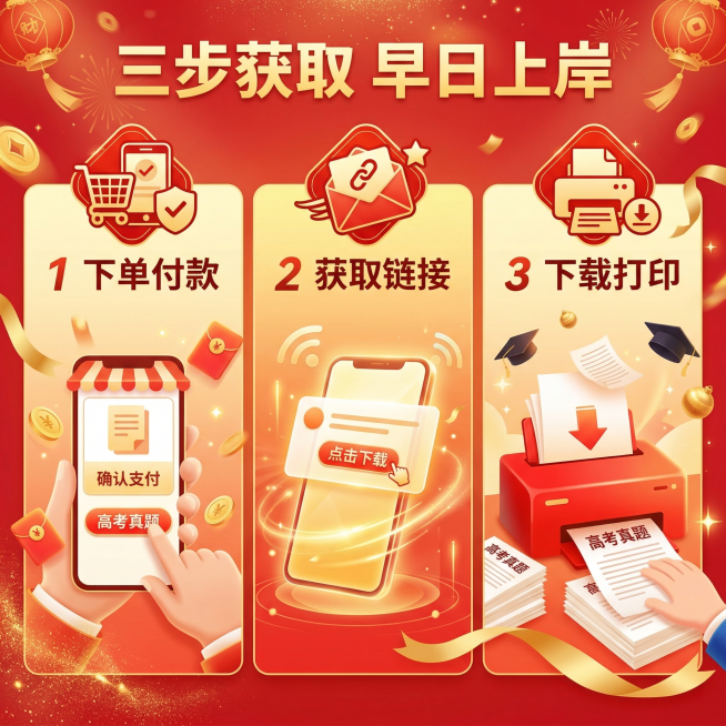 [主图7：获取流程展示] 主图主题：高考真题获取使用流程；氛围风格：喜庆升学风，清晰喜庆；画面元素：分三步展示获取流程，1 下单付款 2 接收链接 3 下载打印，每步配对应红色喜庆图标和示意图，背景红预览效果