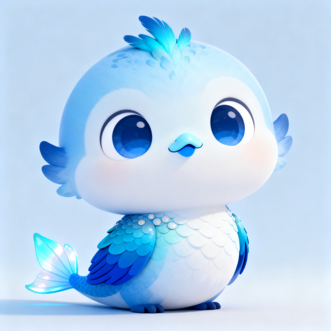 圆滚滚大头小身的萌系神兽，蓝白为主色调。大圆头，脸颊肉嘟嘟，超大圆眼，深蓝瞳孔，眼白干净，眼神呆萌。小而短的弯钩嘴，浅蓝加宝蓝，不尖锐。头顶有2-3撮短短的呆毛/小翎羽，天蓝渐变。圆胖身子，羽毛从浅蓝预览效果