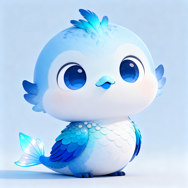 软3D风格的梦幻蓝鸟，融合玻璃质感尾鳍与柔和渐变色，呈现虚拟自然中的可爱清透感，宛如童话世界的小精灵。