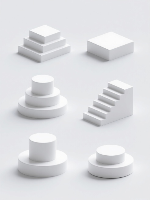 白色纯色背景上，以简约现代3D设计风格，呈现六个完全不同的白色圆柱元素系列展示台素材集合，每个展示台保持统一的白色哑光材质、柔和阴影效果和简洁几何形态，包含：双层方形台阶展台、三层圆形叠加展台、单层方形平面展台、单层梯形斜边展台、三层阶梯式方形展台、双层错位圆形展台，所有元素规整排布成两行三列的整齐网格布局。预览效果