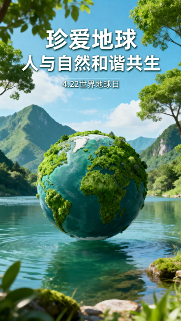 4月22日世界地球日公益宣传海报，主题是保护地球，绿色生态，画面包含地球、绿植、自然山水元素，整体风格清新自然，上方突出文案"珍爱地球 人与自然和谐共生"，下方小字"4.22世界地球日"，色彩以绿色和预览效果