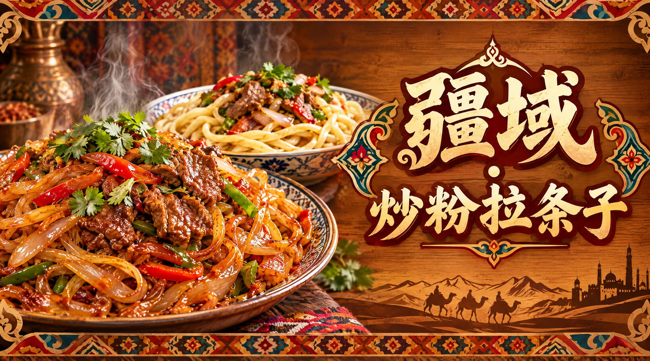 新疆炒粉拉条子店招设计，横版构图，左侧是诱人的新疆炒粉和拉条子… - 图片创意预览