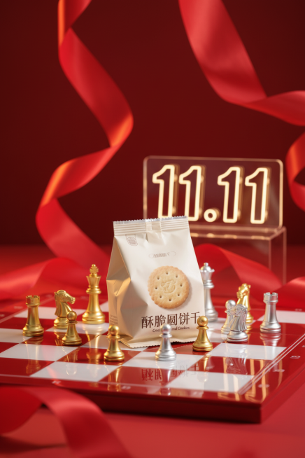 商品置于红白相间的棋盘上，周围有金银两色国际象棋棋子，背景装饰着红色丝带与“11.11”数字透光立牌，整体以红、金为主色调，营造出精致且富有质感的氛围。预览效果