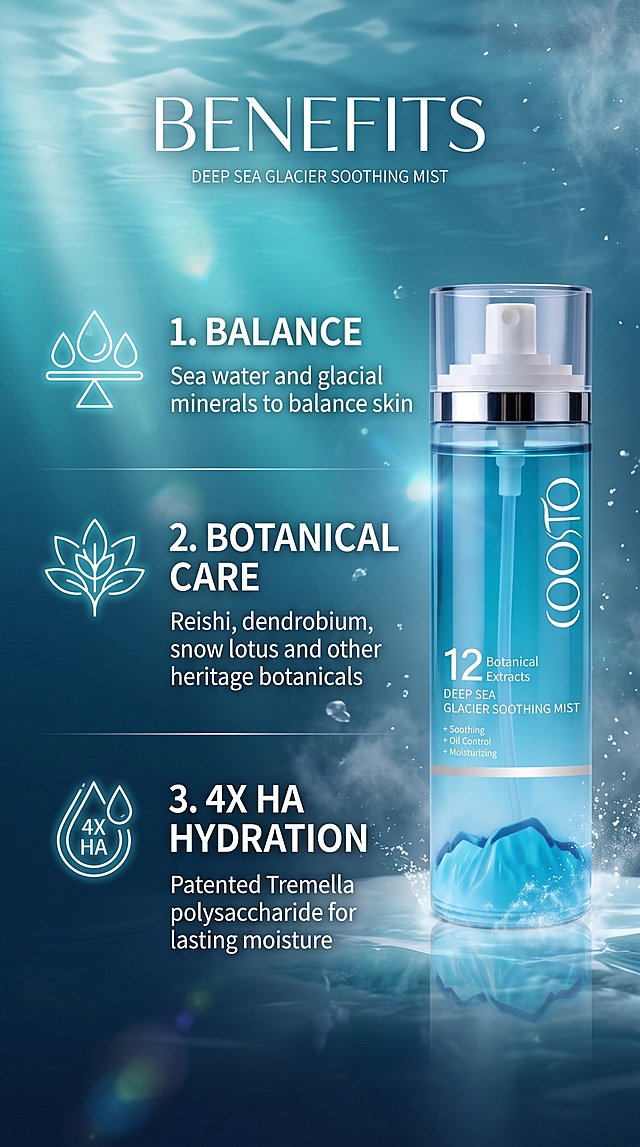 Amazon listing detail-page image, section title "BENEFITS", vertical 9:16 layout, all copy in English (exact text, correctly spelled, clean modern sans-serif, no gibberish). Premium deep-sea glacier skincare aesthetic: icy aqua and deep navy gradient, soft water ripples and mist. Place the referenced blue spray bottle (clear blue translucent bottle with silver pump, white typography, 104ml) on the right side, unchanged in design and shape. Three benefit rows with simple line icons and short bold headings: "1. BALANCE" with text "Sea water and glacial minerals to balance skin"; "2. BOTANICAL CARE" with text "Reishi, dendrobium, snow lotus and other heritage botanicals"; "3. 4X HA HYDRATION" with text "Patented Tremella polysaccharide for lasting moisture". Elegant, airy, high-end e-commerce infographic, crisp readable typography, no watermark.