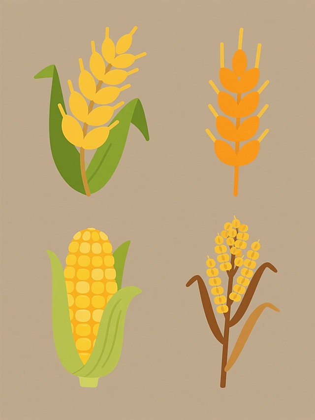 一套四个谷物类元素的系列插画，保持与原图一致的扁平风格，简洁明快的线条，鲜明饱和的色彩，每个元素独立置于纯色背景上，规整排布成2x2网格。第一个元素是金黄饱满的稻穗，绿色长叶衬托；第二个元素是橙黄色的小麦麦穗，麦芒清晰可见；第三个元素是金黄色的玉米棒子，颗粒饱满排列整齐；第四个元素是棕黄色的高粱穗，细长的茎秆支撑着饱满的穗头。所有元素均采用相同的绘画技法，边缘光滑无锯齿，色彩过渡均匀，整体风格统一和谐，展现出丰收的喜悦和自然的美感。