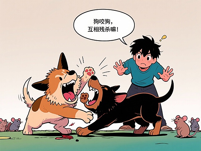 两只呲牙咧嘴的小狗扭打在一起，旁边的人摊着手吐槽：这狗咬狗的架势，可不就是互相残杀嘛！