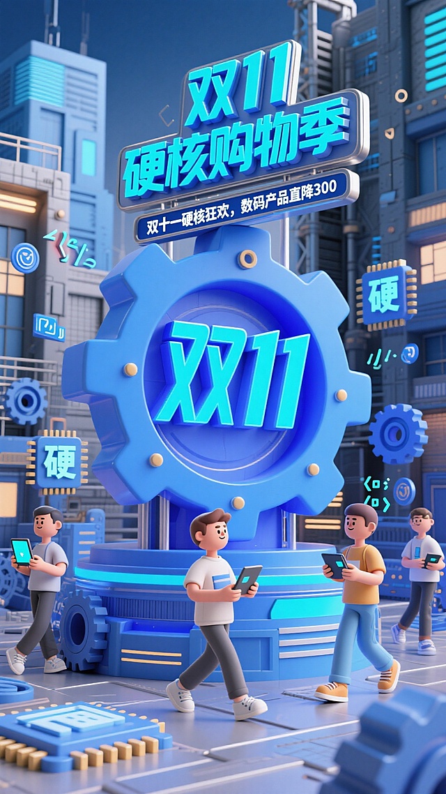 画面以巨型蓝色 “双 11” 齿轮造型装置为视觉核心，上方立着 “双 11 硬核购物季” 金属标题牌，搭配蓝色电光标注 “双十一硬核狂欢，数码产品直降 300”。场景里，几位卡通程序员抱着电子设备穿梭，周围分布着芯片、代码符号、机械零件与 “硬” 字标识，背景是充满工业风的赛博都市建筑。