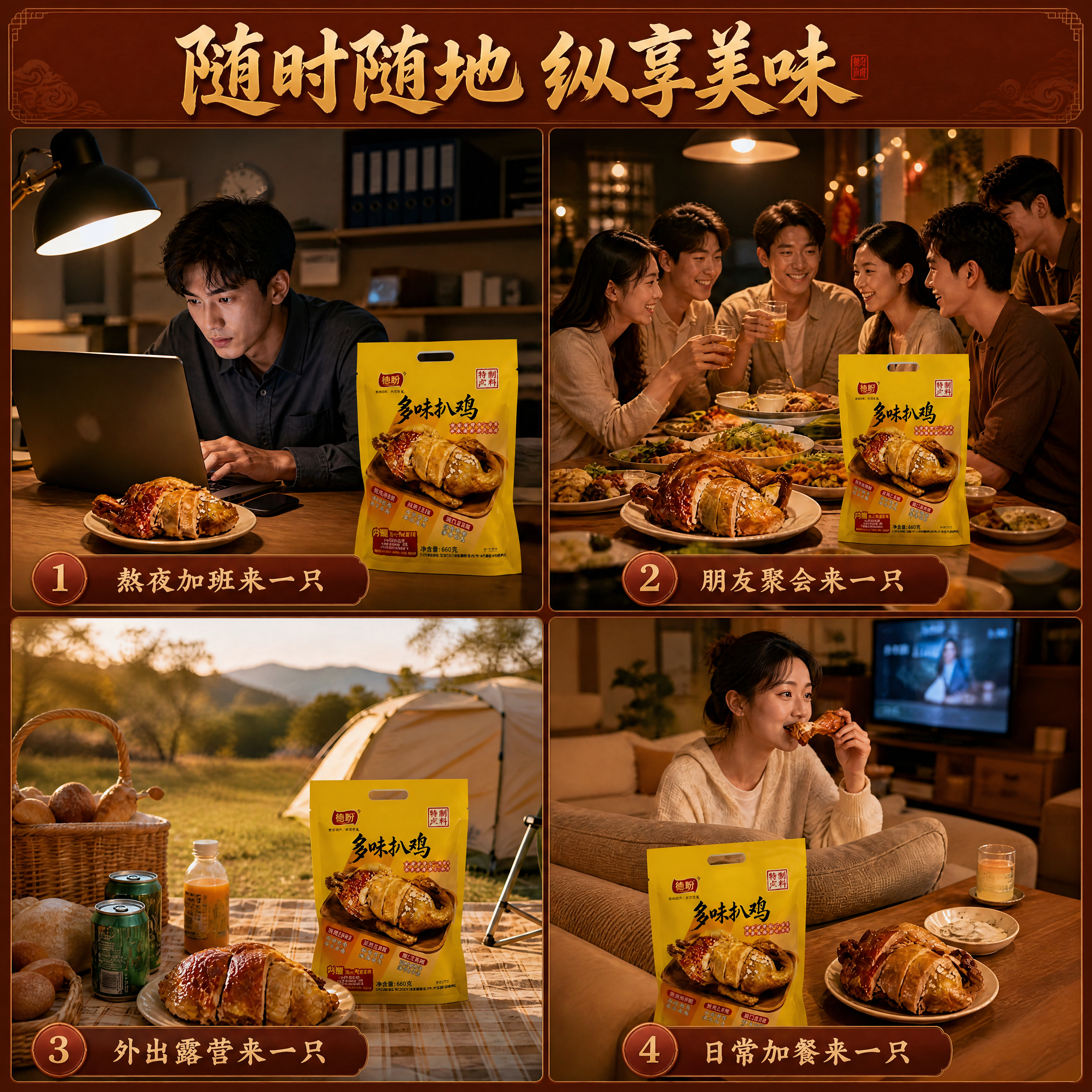[商品] 使用【图1】德盼多味扒鸡四宫格场景图；保留四个场景（… - 图片创意预览
