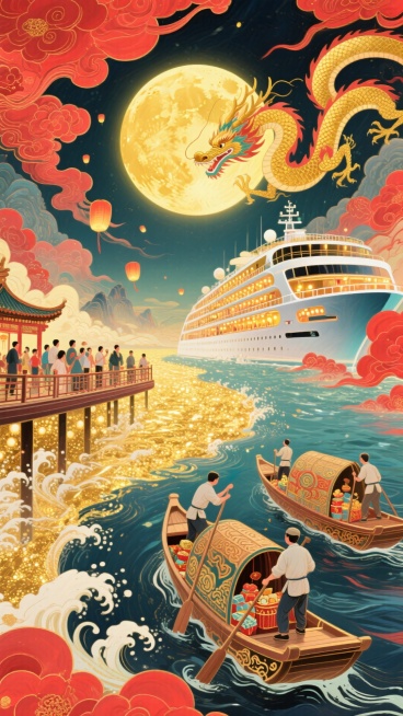 整体红金色调，热闹氛围。画面含金黄圆月，一只唐代小船（船身绘云纹，满载节日物资，唐代船工挥汗）和一艘现代豪华邮轮（甲板有中秋赏月人群、邮轮灯光璀璨），一道洒金的浪花阻隔在中间，背景是同一片金色的海，水预览效果