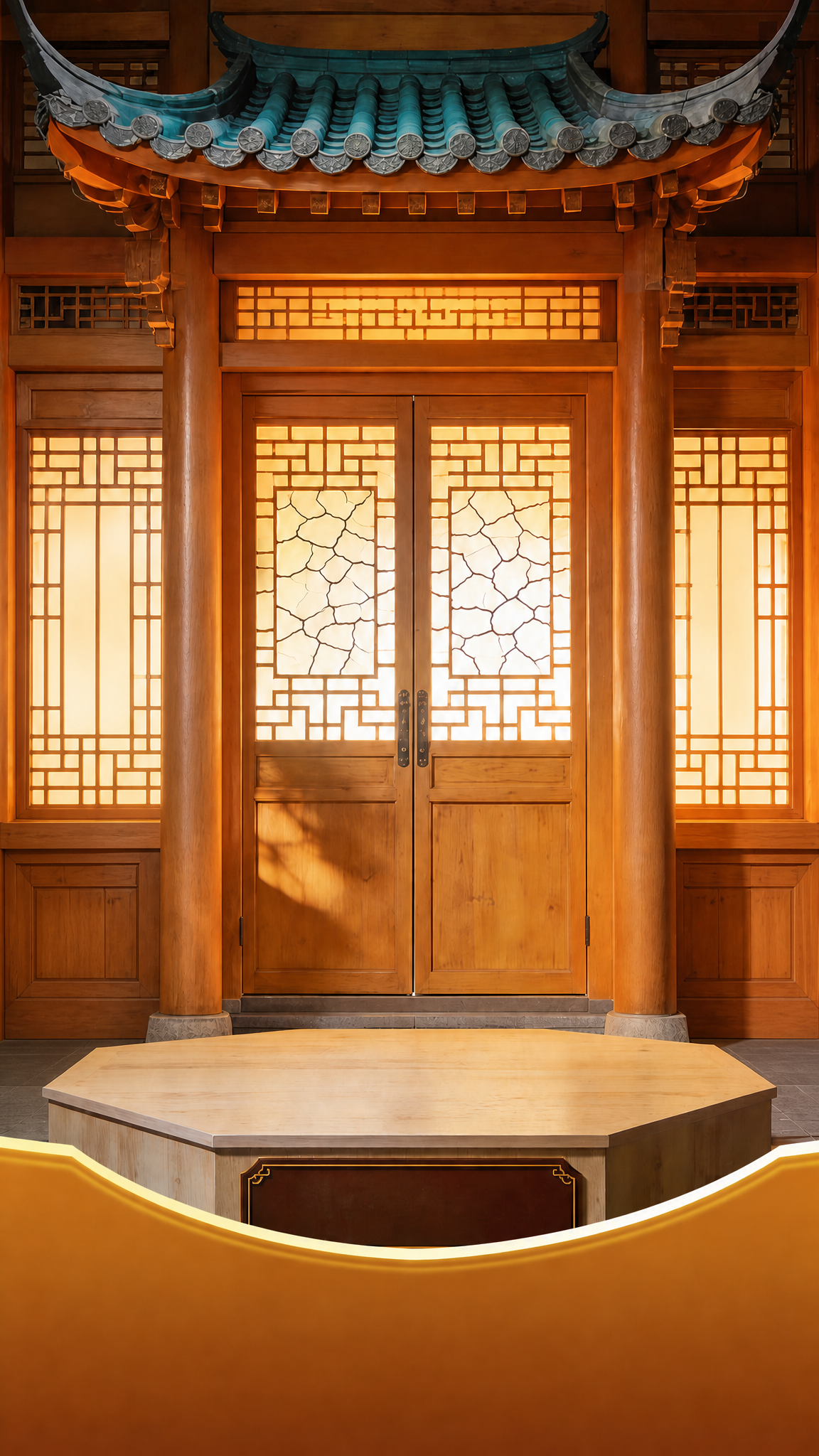 去掉画面左右两侧的松树盆景（包括花盆和树干枝叶），保留完整的中… - 图片创意预览