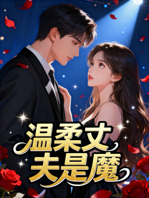 现代言情小说封面，亲密双人构图，帅气西装男主侧脸低头凝视，长发美女女主抬眼回望，舞台聚光灯效果，深蓝背景，散落红玫瑰花瓣，星光光斑，浪漫暧昧氛围，精致五官，唯美插画风格，电影光效，8K高清。主标题“温预览效果