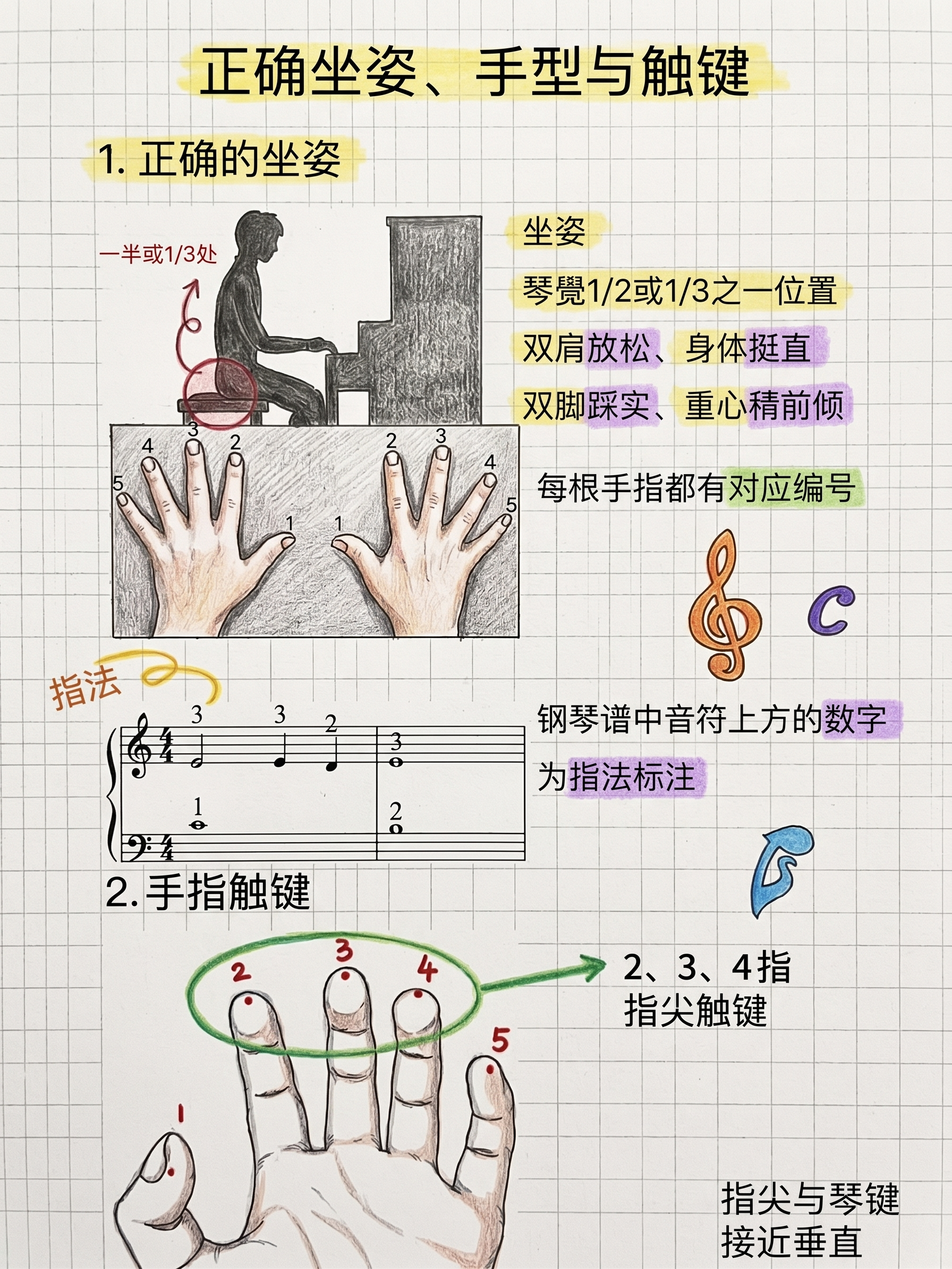 将这张钢琴教学图修改为手绘风格，保持所有原图文内容不变 - 图片创意预览
