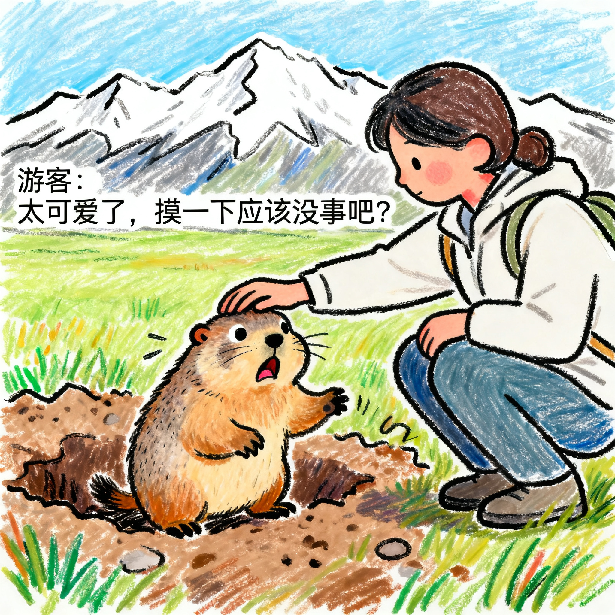 软萌卡通风格，草原背景，远处雪山，一位游客蹲下来，直接伸手想要… - 图片创意预览