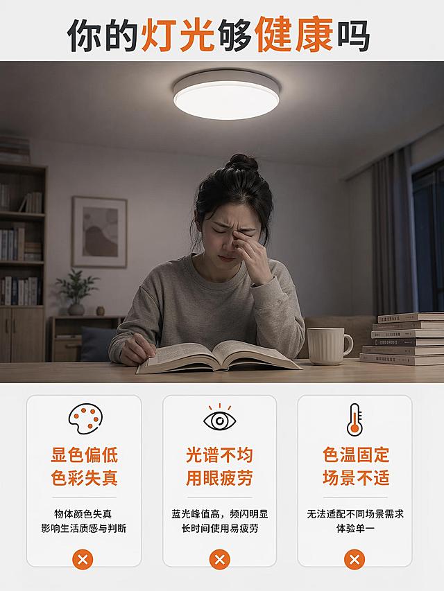 [第2屏] 痛点直击-普通家居灯光困扰。本屏无需产品图。
[氛围/风格] 真实生活化场景感，共情表达风格。
[元素布局] 上半部分展示日常场景：在普通吸顶灯下面看书，人物皱眉揉眼睛，色彩偏灰暗偏色；下半部分三个痛点卡片分开展示，卡片浅色底深色字，清晰排布。整体元素简洁，痛点明确。
[光影质感] 左右均匀柔光，明暗适中，文字清晰易读。
[配色色系] 全局底色 #f5f5f5，主色浅灰，辅助暖橙色点缀标题。
[视角构图] 正面排版，上图下文，结构清晰。
[文字版式] 顶部大标题「你的灯光够健康吗」，三个痛点分栏排版：第一栏「显色偏低 色彩失真」，第二栏「光谱不均 用眼疲劳」，第三栏「色温固定 场景不适」，每个痛点配小图标，标题粗体橙色，正文黑色，不拥挤不遮挡。
[比例分辨率] 3:4 竖版比例，4K分辨率，文字清晰可辨，高清画质。
[负向提示词] 变形，水印，文字错乱，文字过小，背景杂乱。