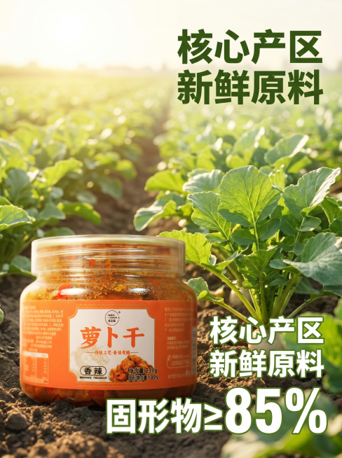 [主图 2] 香辣萝卜干核心产地特点展示。[氛围风格] 自然田园风，新鲜真实；[画质] 商业摄影质感、自然暖阳逆光、光线柔和通透、产品清晰真实、画面干净高级。[元素] 透明玻璃罐萝卜干放置在前景，背景预览效果