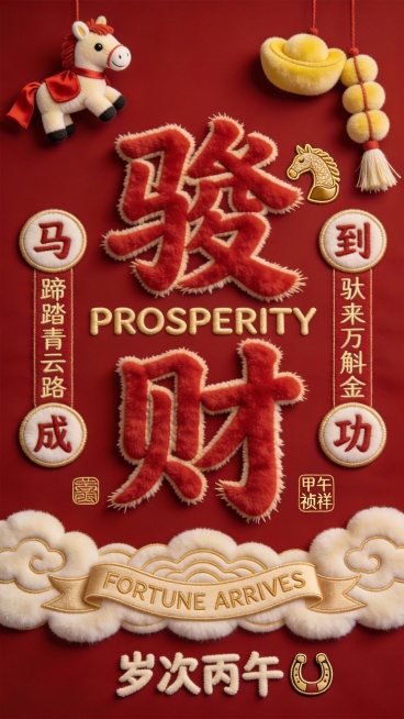 马年毛茸茸国潮红包设计

材质与色调：采用复古红短绒为基底，主视觉元素使用蓬松长绒材质塑造立体感，点缀浅金植绒与奶黄毛绒细节，整体呈现温暖柔软的触觉联想。

核心视觉元素：

中央以复古红蓬松长绒材质预览效果