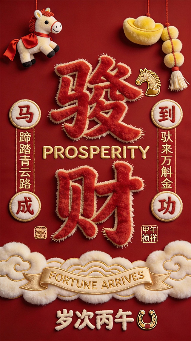 国潮风刺绣质感海报，毛发生长纹理融合重拟物设计，喜庆红金配色，中式元素满溢，寓意马年财运亨通，丙午岁祥瑞降临。