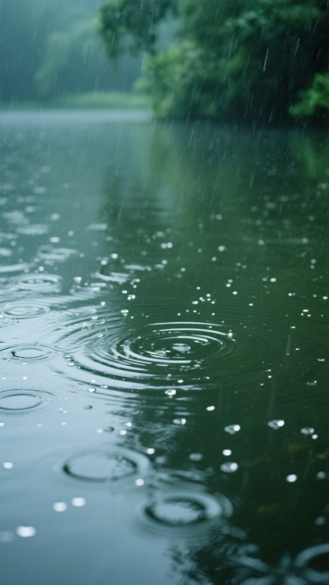 雨丝细密倾斜而下，落在平静的湖面上激起层层涟漪，水面倒映着朦胧的绿色光影，雨滴溅起的水花形成无数细小的白色光点，整体画面呈现出深绿与墨绿交织的冷色调，光影柔和且带有湿润的质感，营造出宁静而略带忧郁的雨天氛围，环境为自然湖泊，水面开阔，四周有模糊的绿色植物轮廓，雨水在空气中形成细密的水幕，水面涟漪大小不一、相互交错，光感从水面反射向上，形成柔和的光斑效果。预览效果