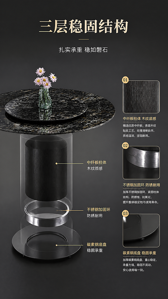 [第4张] 详情页结构工艺页-黑玫瑰花色岩板餐桌底座材质结构解析。本张使用【图1】作为商品主体，将桌面岩板改为黑玫瑰深色纹理。
[氛围/风格] 专业工艺解析风，工业质感+高级感结合，商业摄影质感。
[元素布局] 餐桌置于画面中央，占比约50%，黑玫瑰深色岩板桌面；底座部分做半透明分层拆解示意，从上到下标注三层结构：第一层中纤板木纹层、第二层不锈钢加固层、第三层碳素钢承重底盘；画面右侧为三层材质的详细说明+材质小样特写；背景为深灰色渐变。
[光影质感] 侧上方硬光照明，凸显底座结构层次，金属部分有强烈高光，木纹部分纹理清晰，整体光影有力量感。
[配色色系] 全局底色深灰#333333；主色黑色岩板+黑色底座；辅助色金色标注线、白色文字、金属银色高光。
[视角构图] 45°斜侧视角，底座部分为视觉重点，引线标注从底座指向右侧说明区，阅读动线中央产品→右侧说明。
[文字版式] 版式为中央产品+右侧说明+引线标注。顶部标题「三层稳固结构」，副标题「扎实承重 稳如磐石」；三条金色引线从底座不同部位引出，分别标注：「中纤板柱体 木纹质感」「不锈钢加固环 防锈耐用」「碳素钢底盘 稳固承重」；右侧配对应材质小样图和简短说明文字。
[比例分辨率] 9:16竖版比例，4K分辨率，文字清晰可辨，高清画质。
[负向提示词] 结构错误，变形，颜色偏差，水印，文字错乱，引线混乱。
