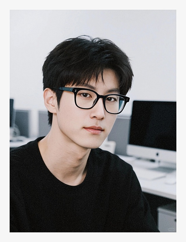 一个男生，办公室电脑桌背景