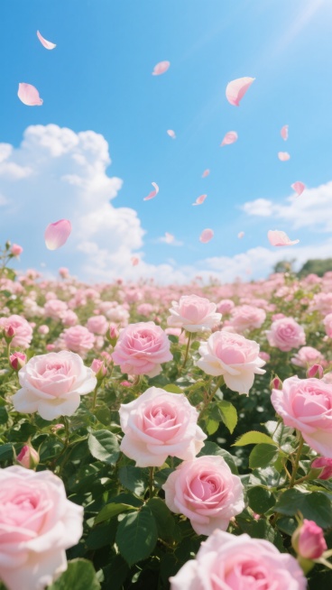 一片绚烂的粉色玫瑰花海，花朵饱满绽放，层层叠叠的花瓣呈现出柔和的粉白色渐变，翠绿的叶片点缀其间，生机盎然。湛蓝的天空中飘着几朵蓬松的白色云朵，阳光明媚，光线充足，洒在花海和花瓣上形成明亮的高光和自然的阴影。无数粉色的玫瑰花瓣从空中轻盈飘落，营造出浪漫梦幻的氛围，整体画面色彩清新明快，充满春日气息和自然美感。预览效果